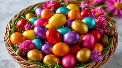 Wicker Basket Filled With Colorful Easter Eggs
