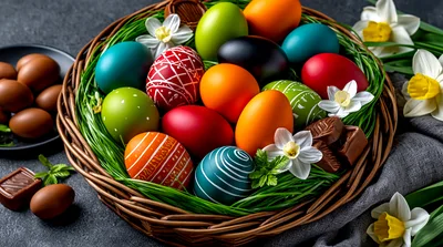 Easter Basket Filled With Colorful Decorated Eggs