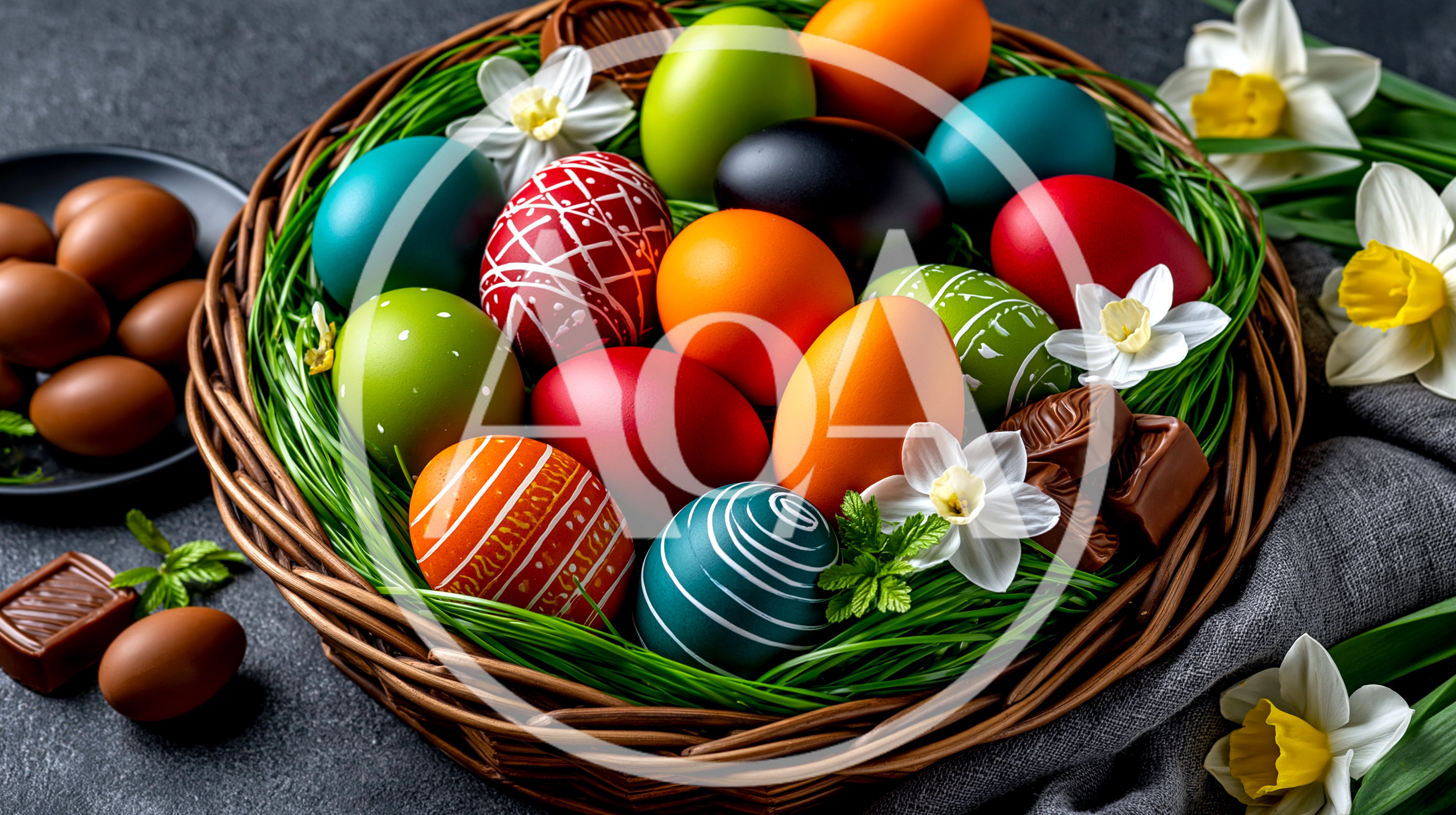 Easter Basket Filled With Colorful Decorated Eggs