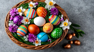 Easter Basket Filled With Colorful Decorated Eggs And Flowers