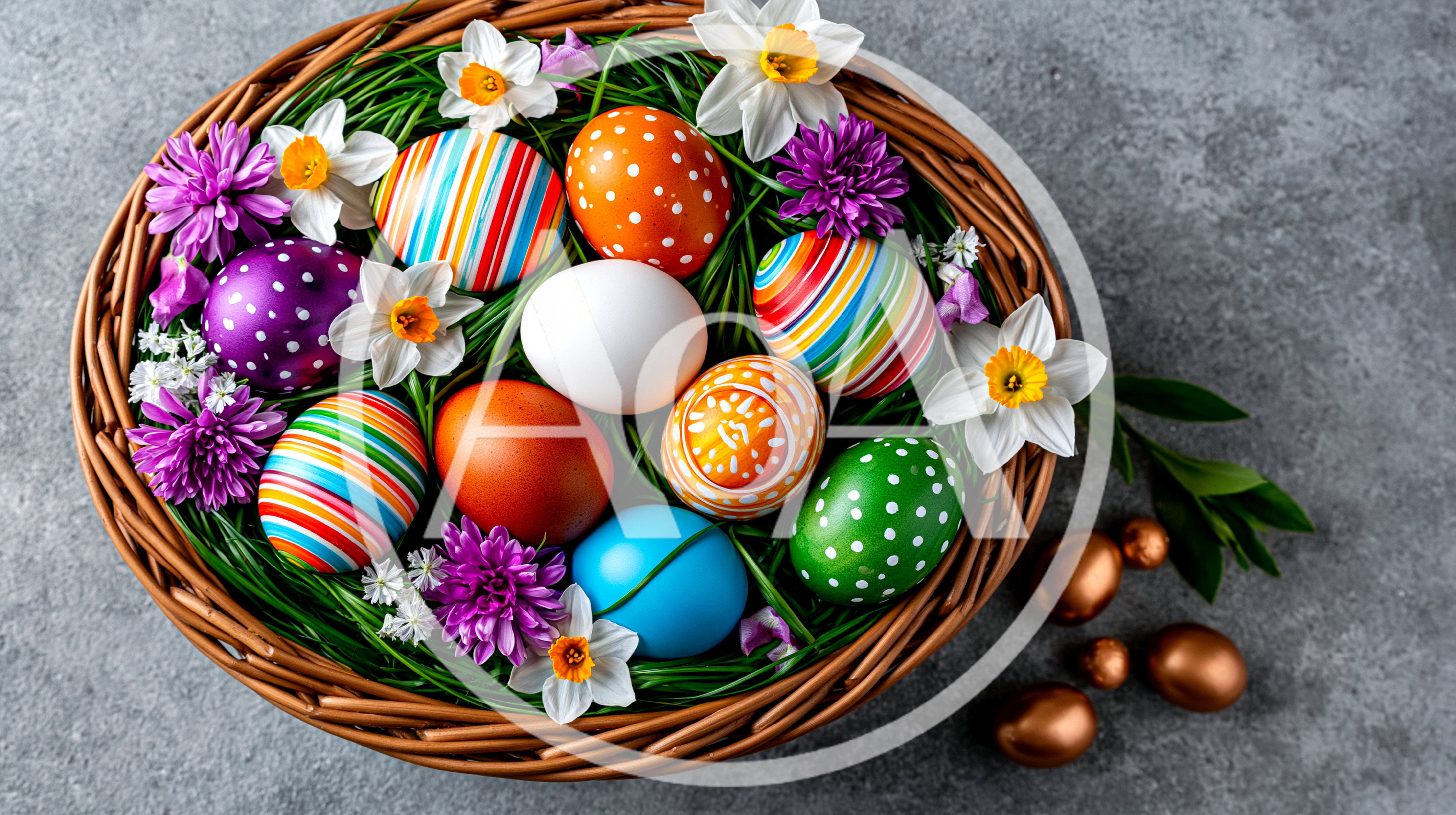 Easter Basket Filled With Colorful Decorated Eggs And Flowers