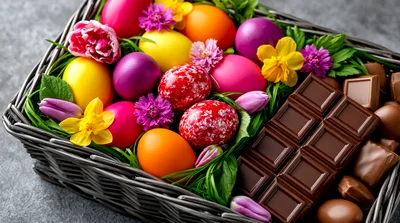 Easter Basket Filled With Colorful Eggs And Chocolate