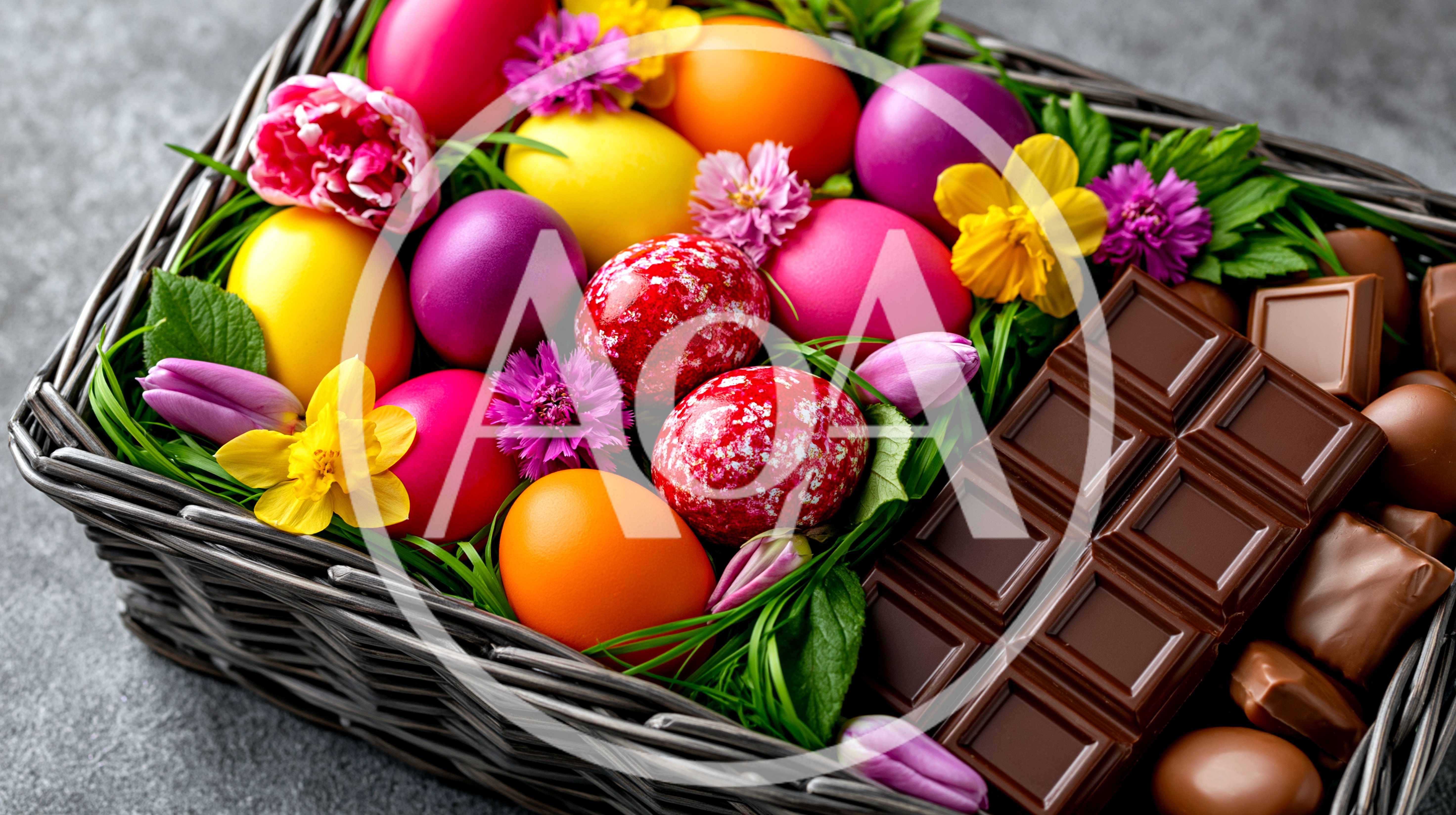 Easter Basket Filled With Colorful Eggs And Chocolate