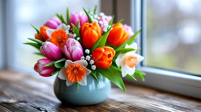 Spring Flower Bouquet In A Ceramic Vase