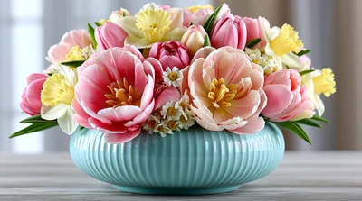 Spring Flower Arrangement in Blue Ceramic Vase