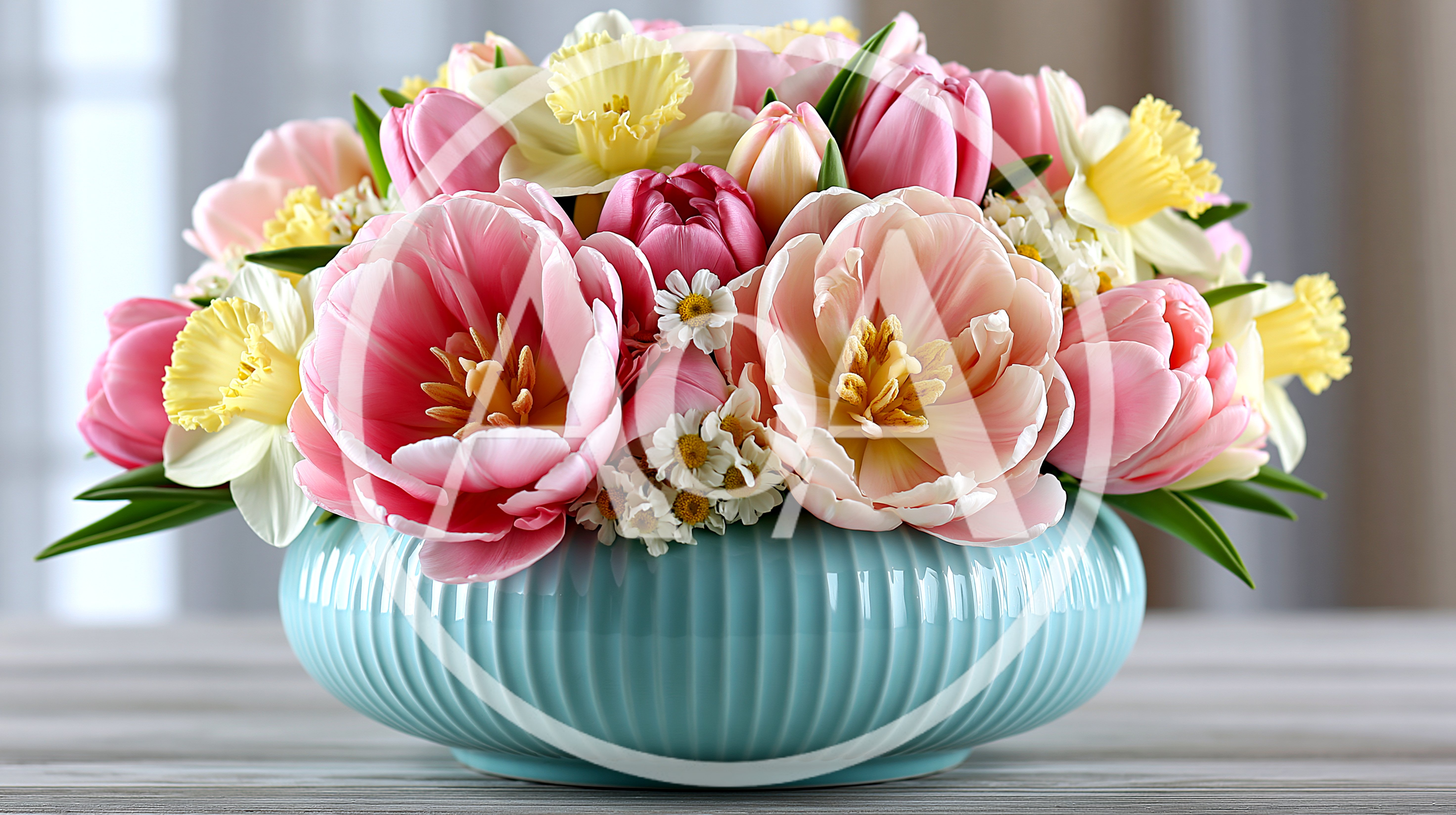 Spring Flower Arrangement in Blue Ceramic Vase