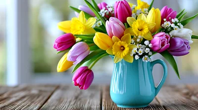 Spring Tulips And Daffodils In A Blue Pitcher