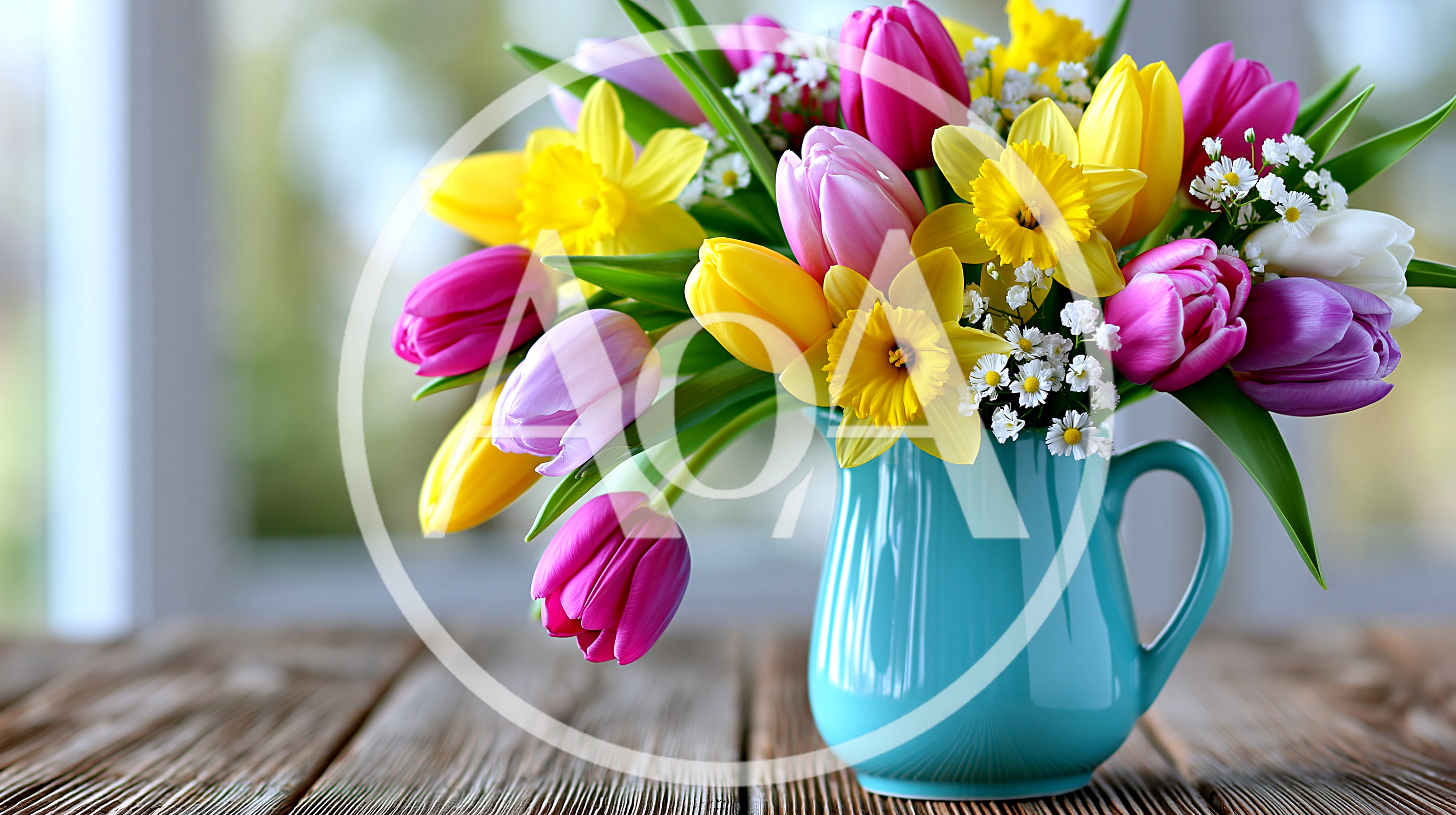 Spring Tulips And Daffodils In A Blue Pitcher