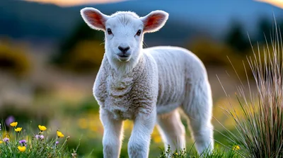 Adorable White Lamb Standing In A Grassy Meadow