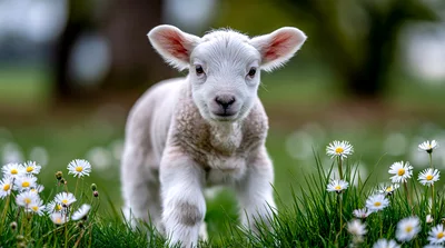 Adorable White Lamb Standing In A Daisy Field
