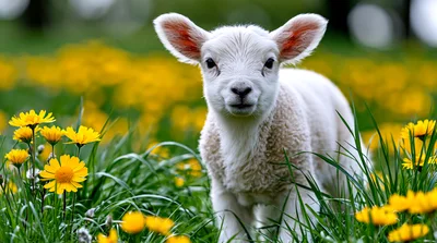 Adorable White Lamb Standing In A Field Of Flowers