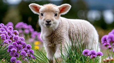 Adorable Lamb Standing In A Field Of Purple Flowers