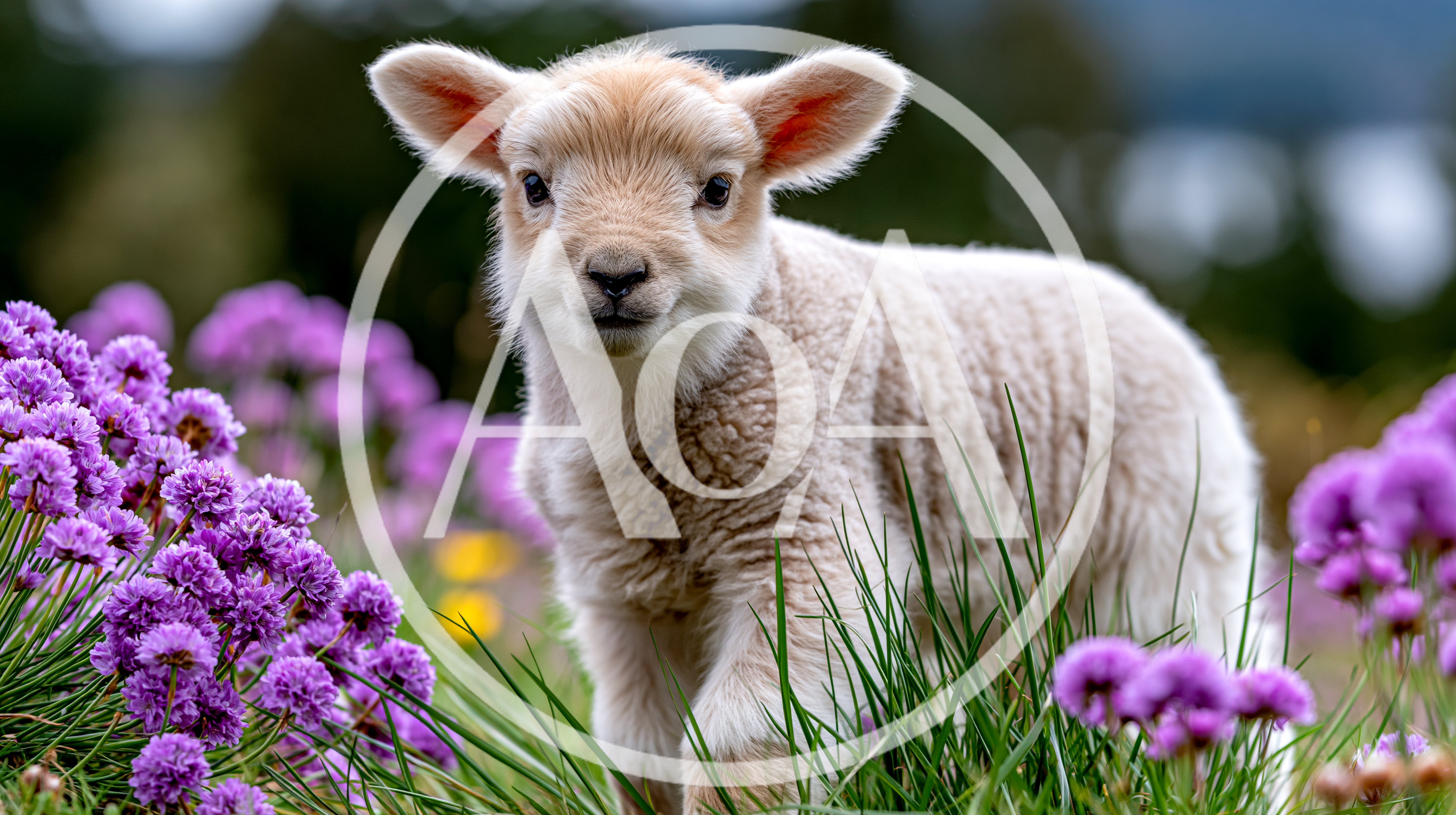 Adorable Lamb Standing In A Field Of Purple Flowers