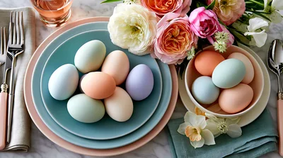 Easter Table Setting With Pastel Colored Eggs