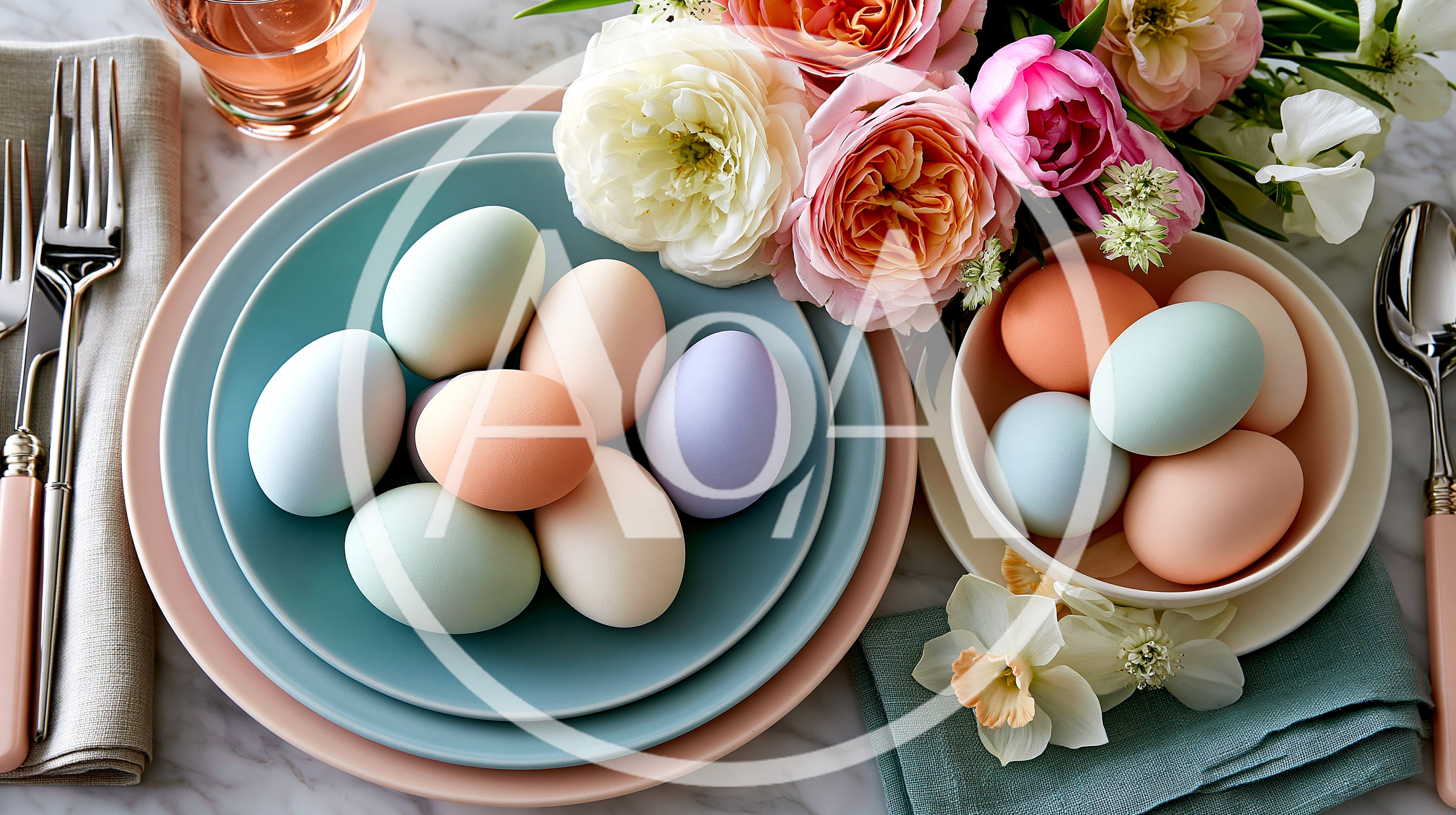 Easter Table Setting With Pastel Colored Eggs