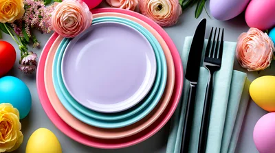 Easter Table Setting With Colorful Plates And Eggs