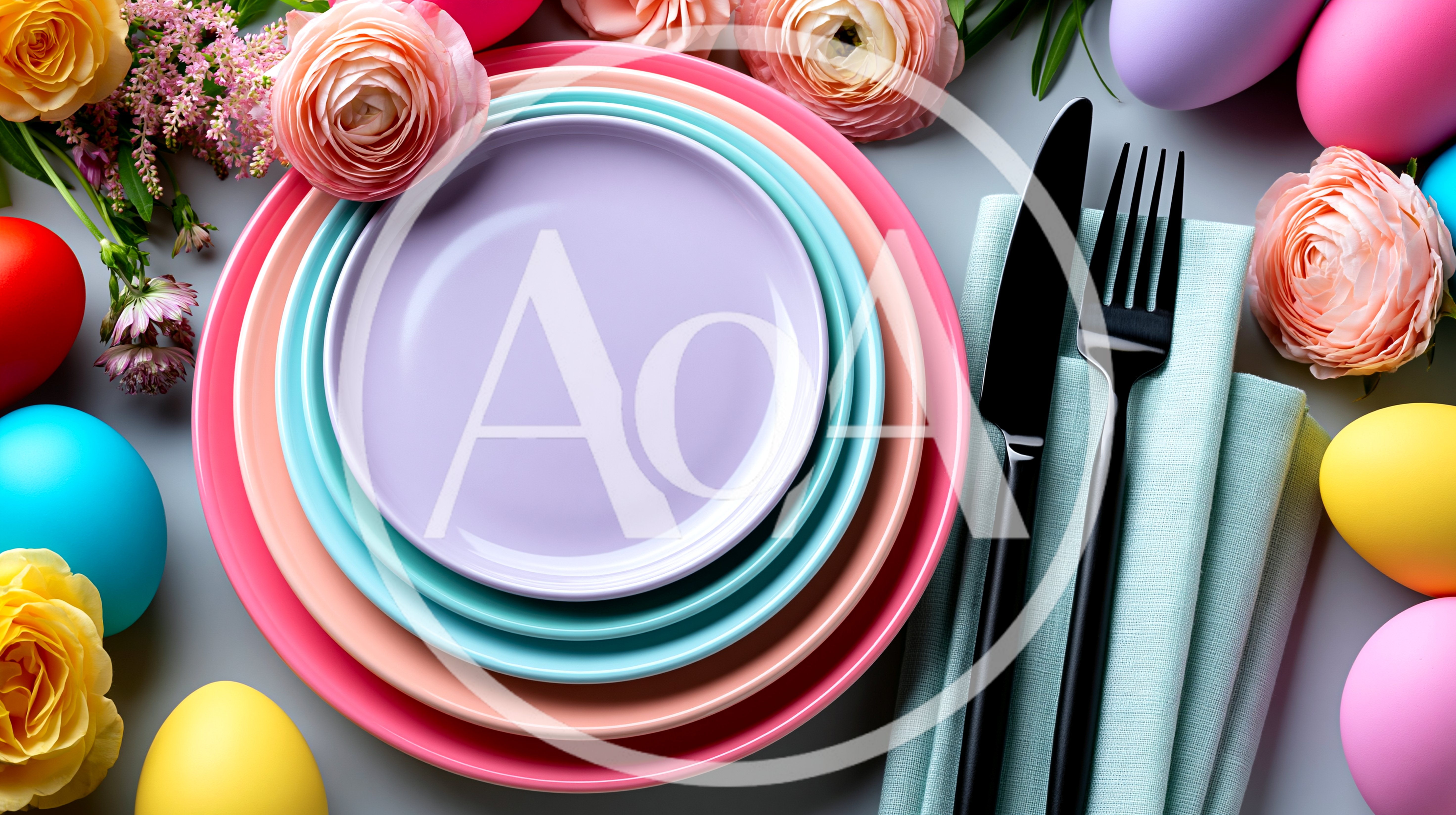 Easter Table Setting With Colorful Plates And Eggs