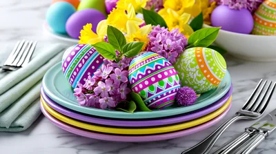 Easter Table Setting With Decorated Eggs And Flowers