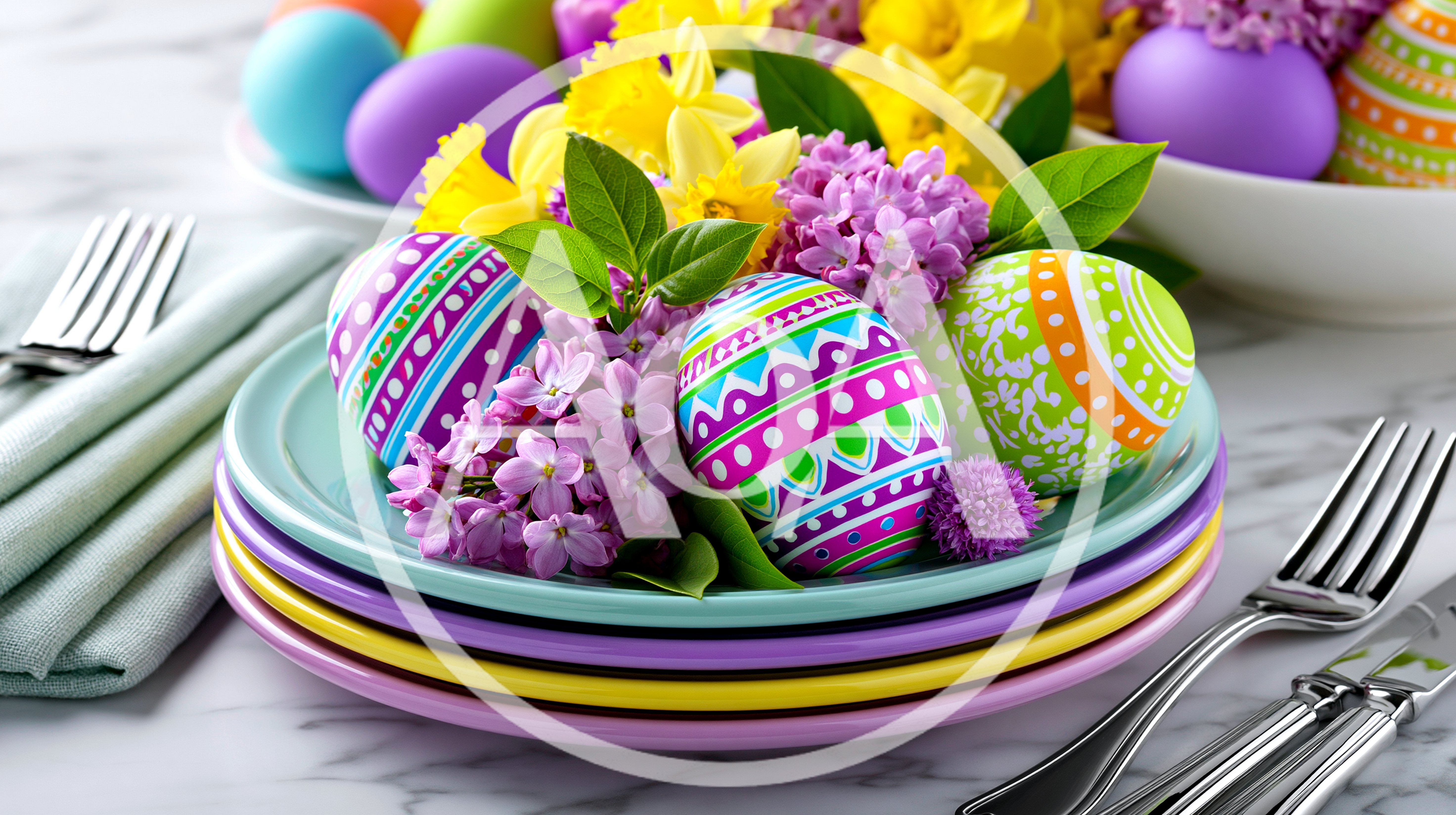 Easter Table Setting With Decorated Eggs And Flowers