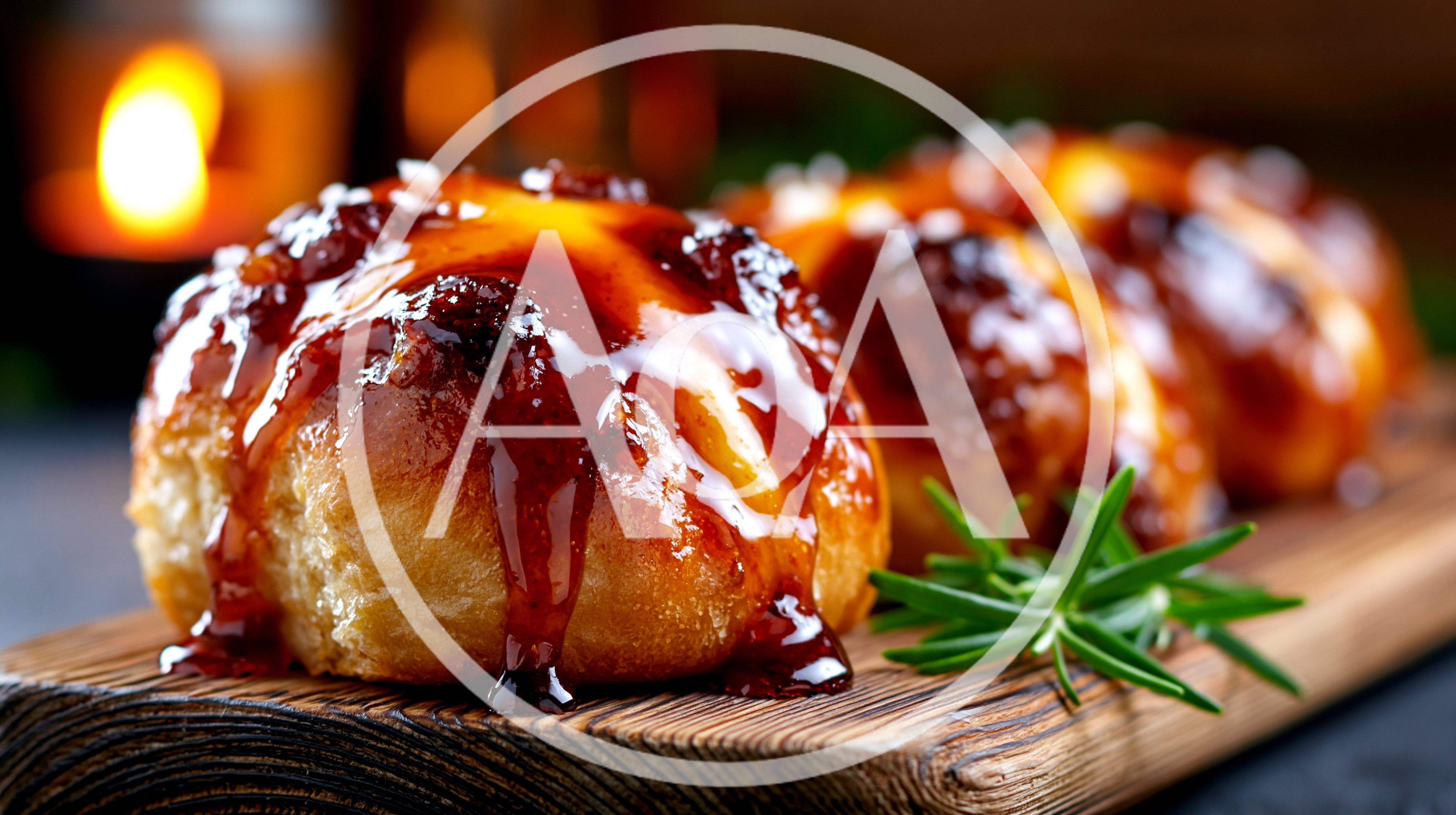 Glazed Hot Cross Buns On A Wooden Board