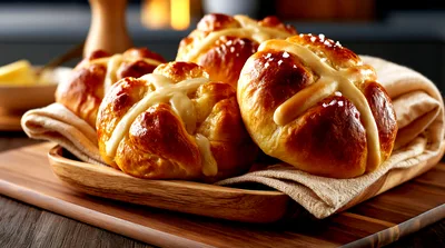 Freshly Baked Hot Cross Buns On A Wooden Tray