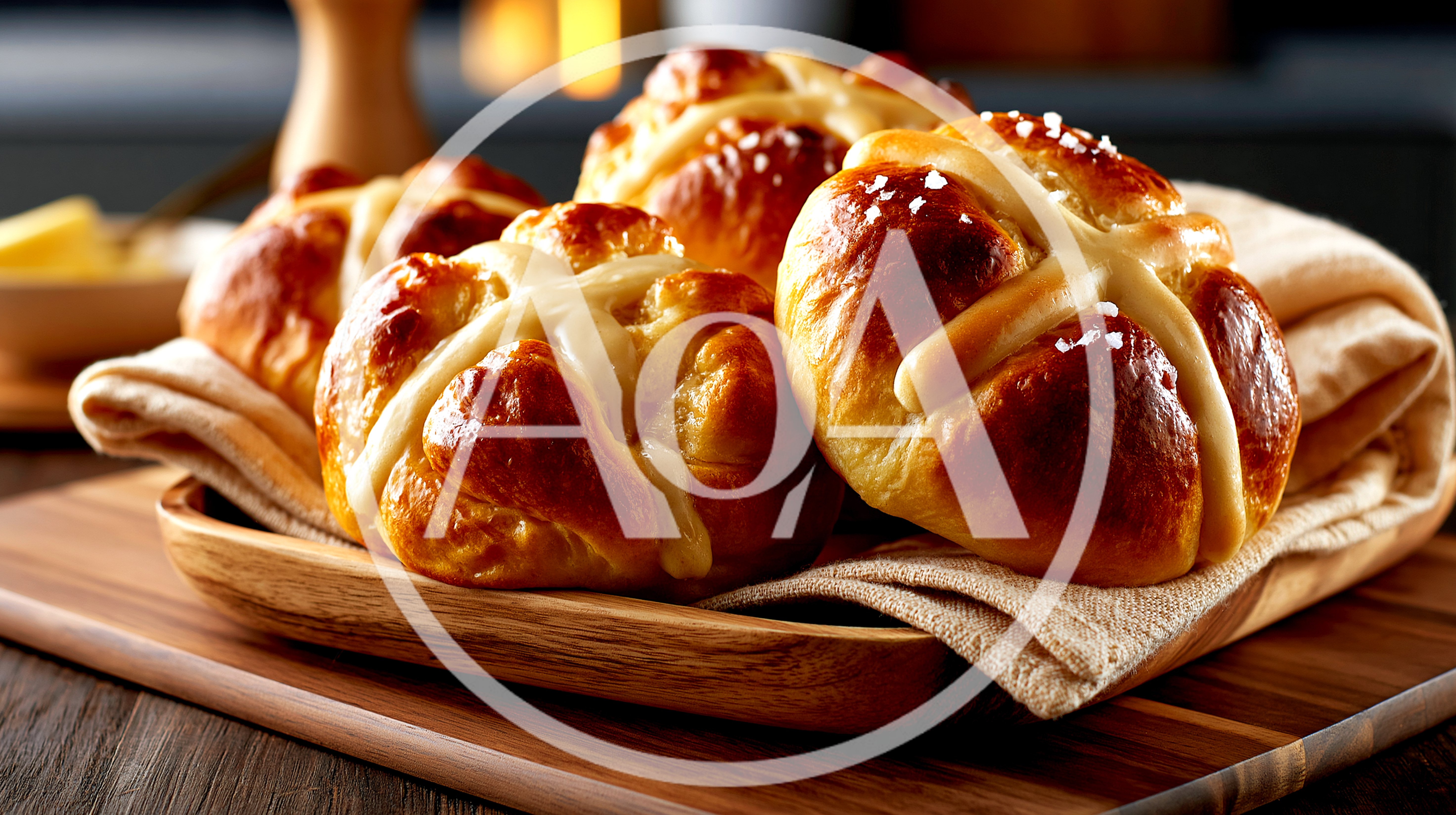 Freshly Baked Hot Cross Buns On A Wooden Tray