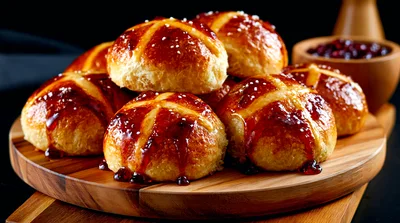 Freshly Baked Hot Cross Buns On Wooden Board
