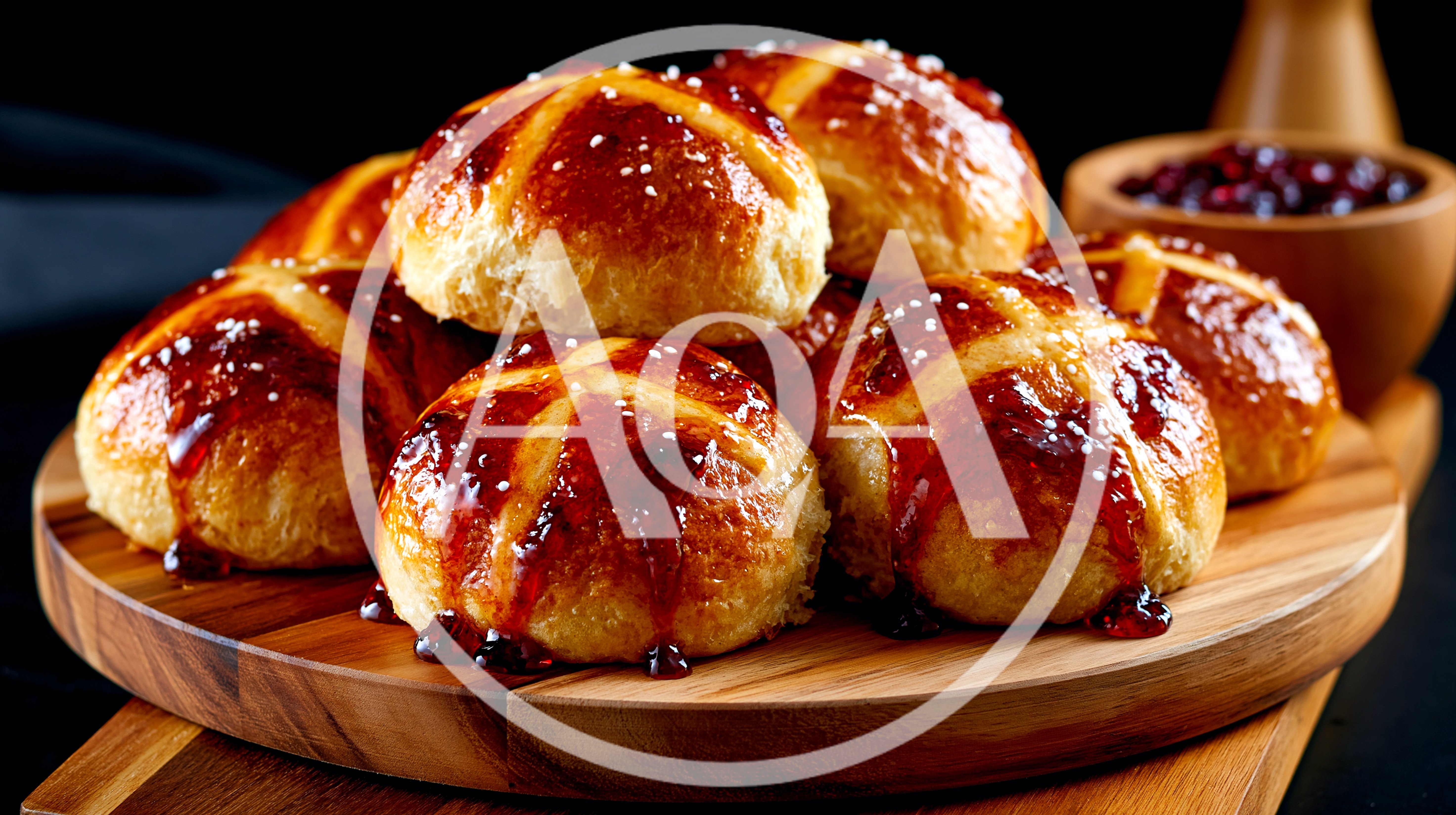 Freshly Baked Hot Cross Buns On Wooden Board