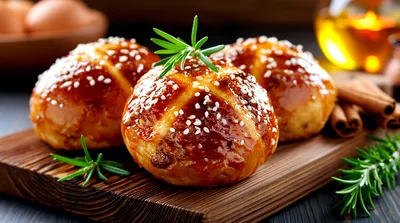 Freshly Baked Hot Cross Buns On Wooden Board