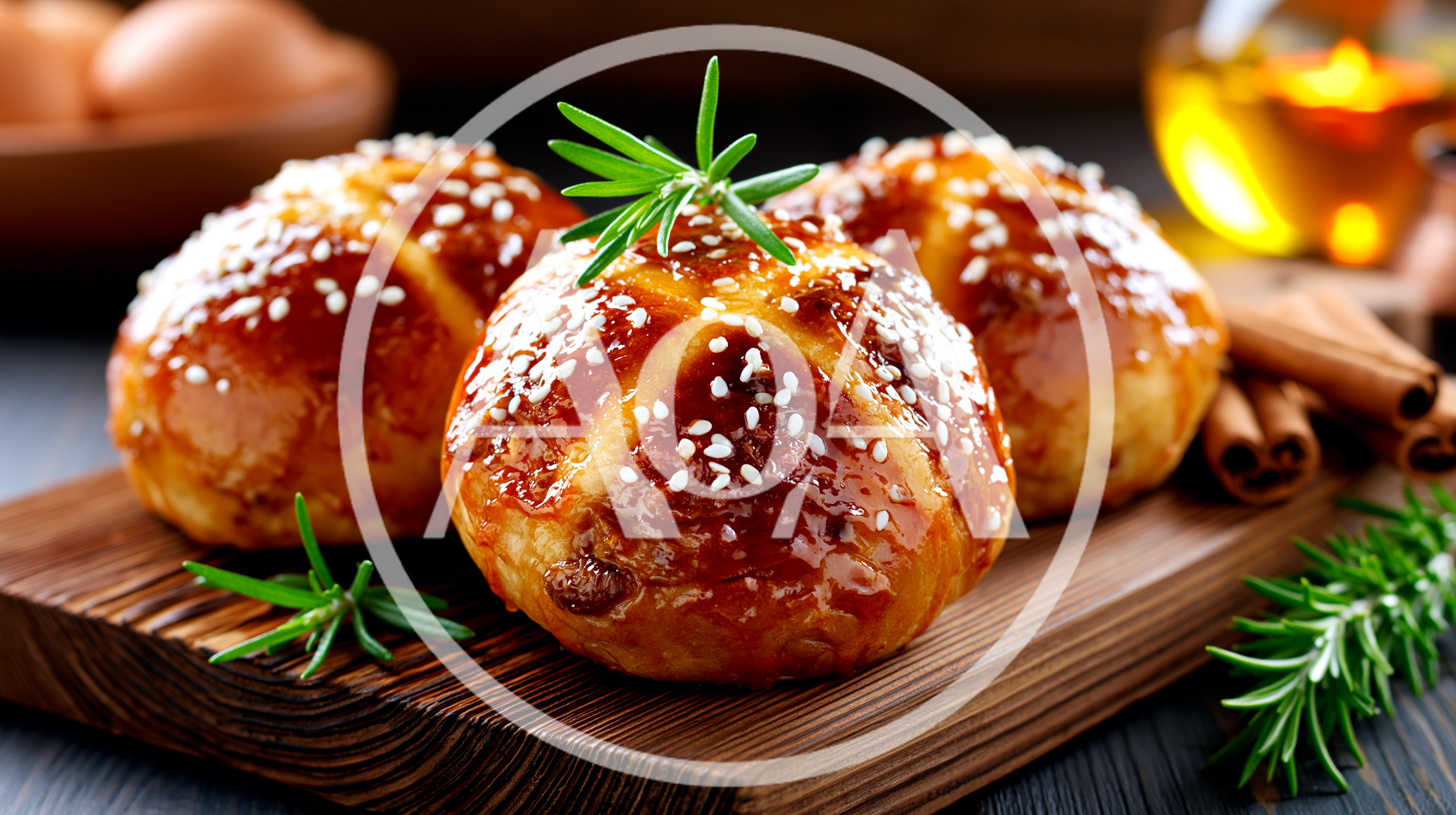 Freshly Baked Hot Cross Buns On Wooden Board
