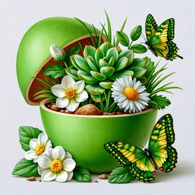 Succulent Plant Arrangement Inside A Decorative Green Egg