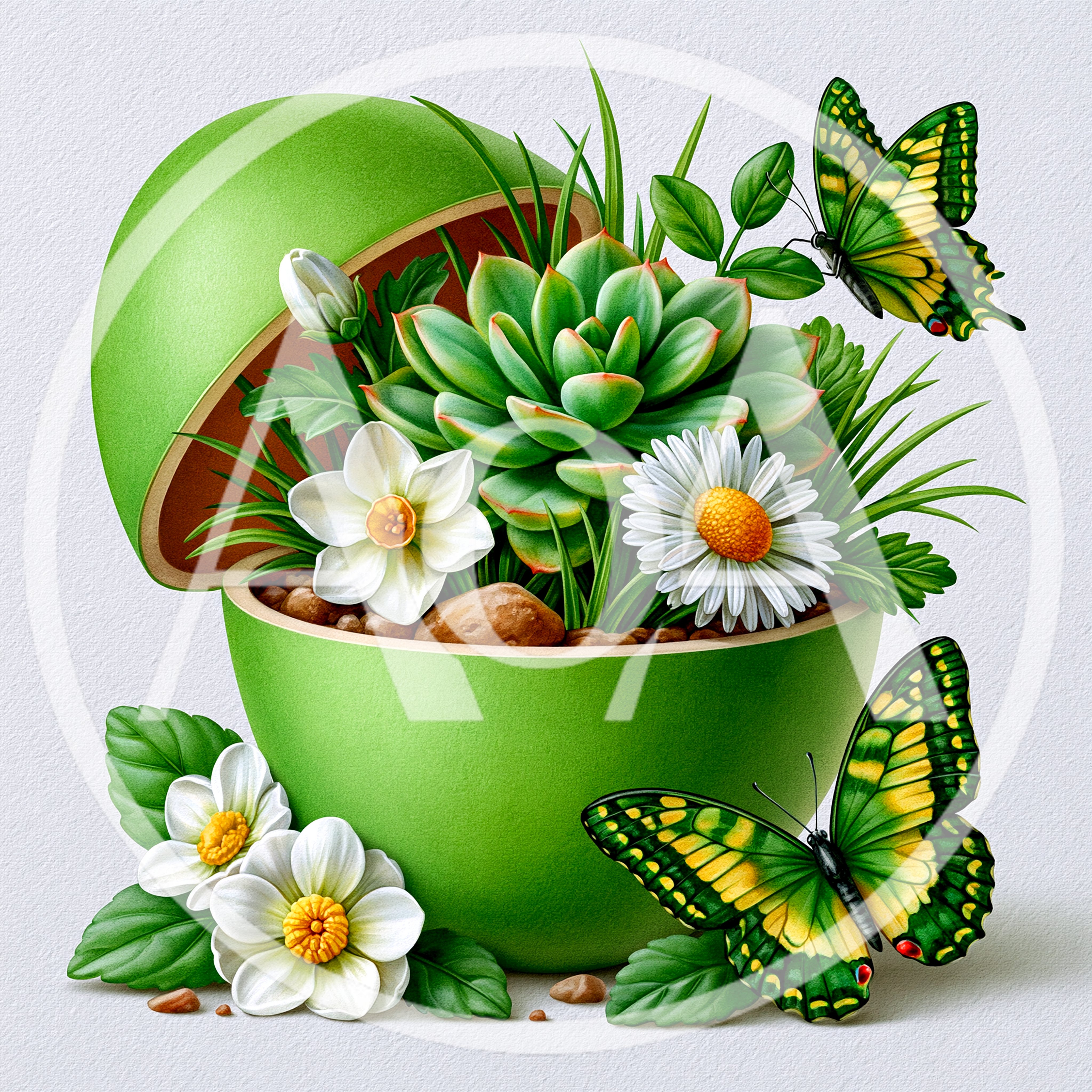Succulent Plant Arrangement Inside A Decorative Green Egg