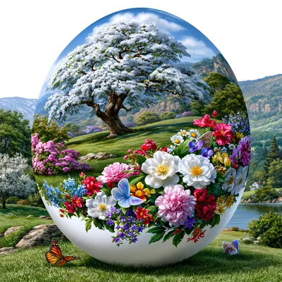 Surreal Egg Shaped Landscape With Flowers And Butterflies