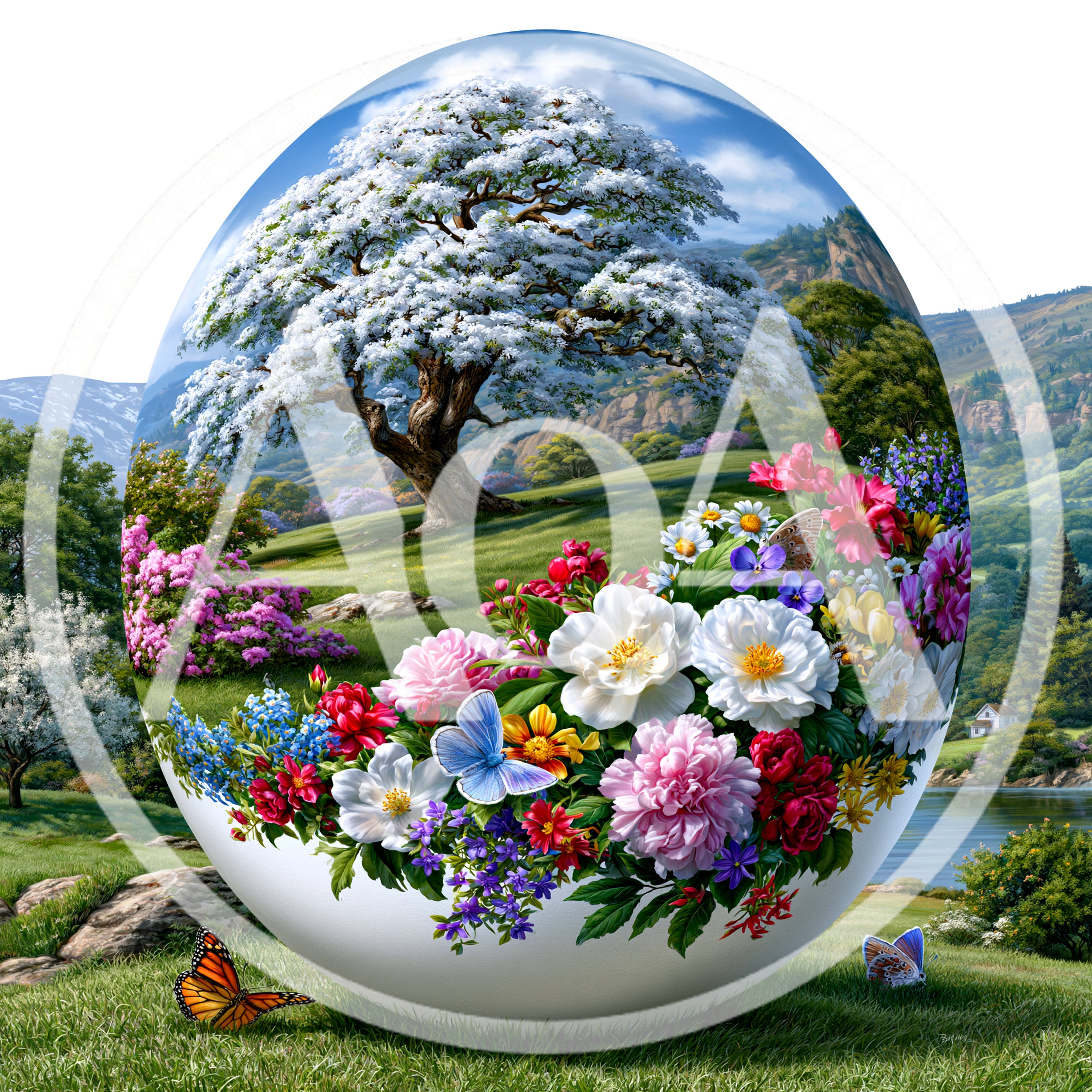 Surreal Egg Shaped Landscape With Flowers And Butterflies