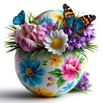 Easter Egg Decorated With Spring Flowers And Butterflies