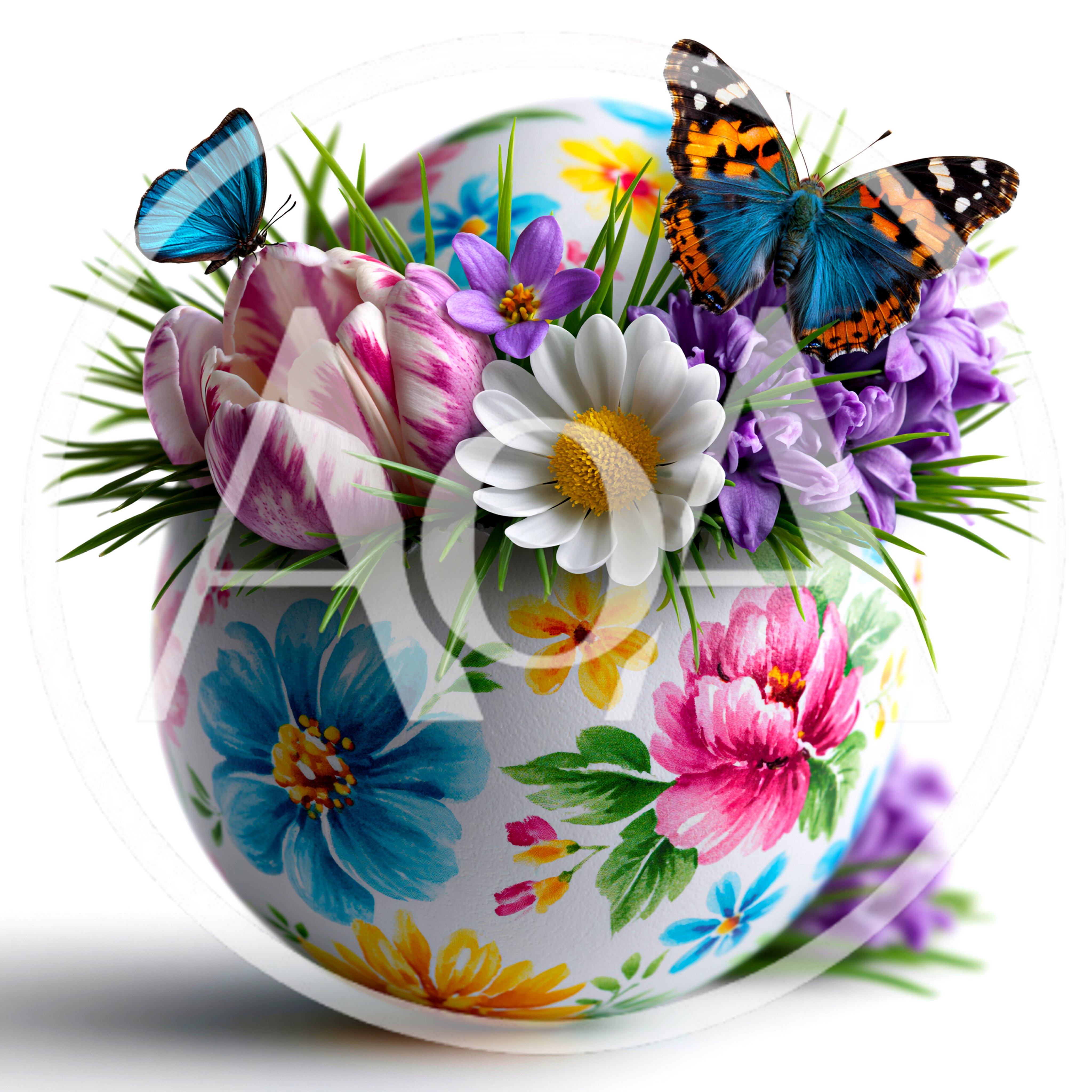 Easter Egg Decorated With Spring Flowers And Butterflies