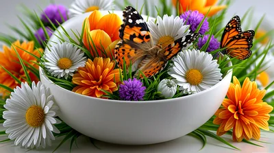 Butterflies Resting On A Bowl Of Spring Flowers