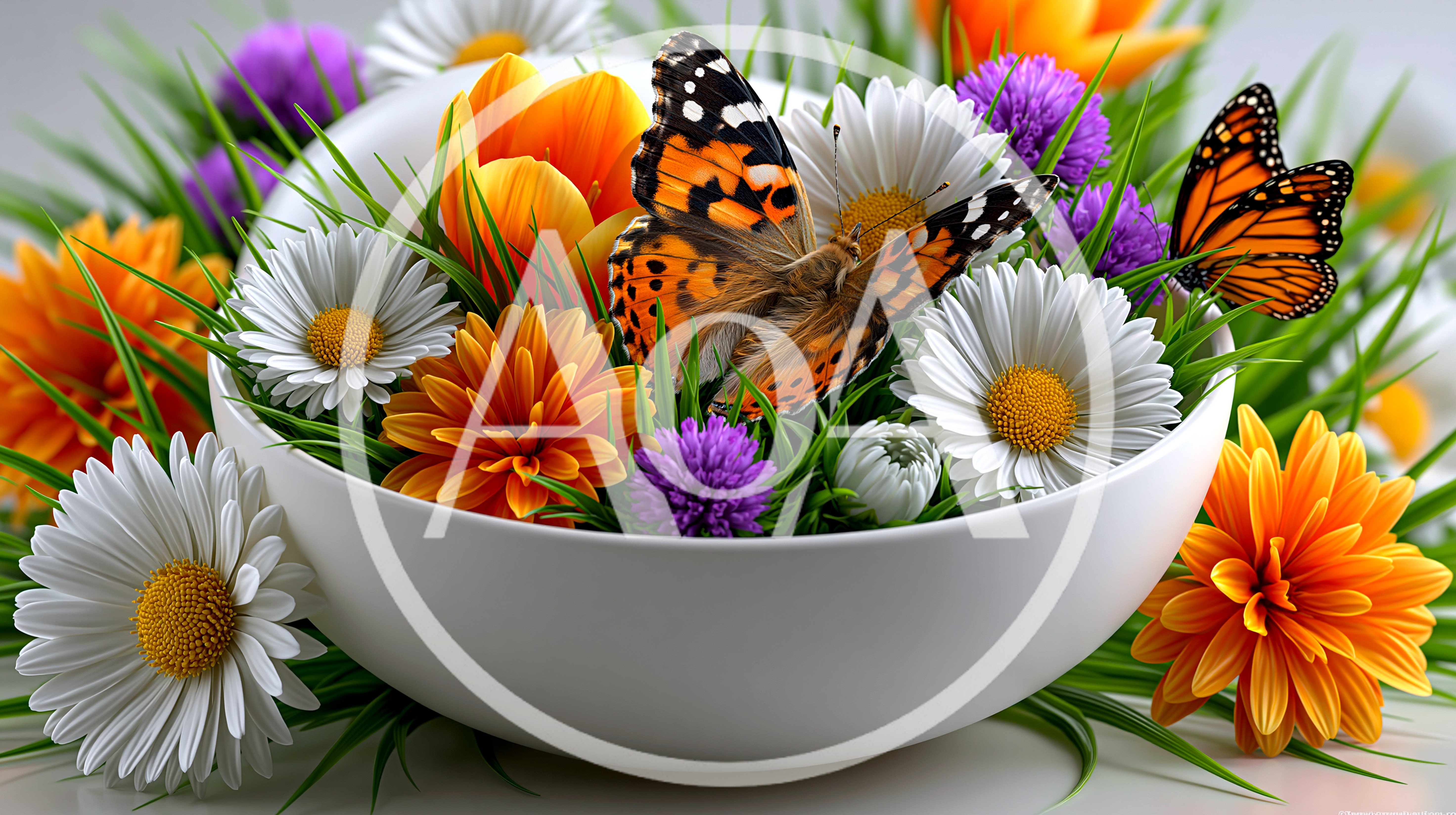 Butterflies Resting On A Bowl Of Spring Flowers