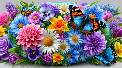 Vibrant Floral Arrangement With Colorful Butterflies