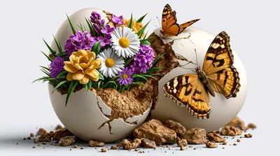 Cracked Eggshell With Spring Flowers And Butterflies