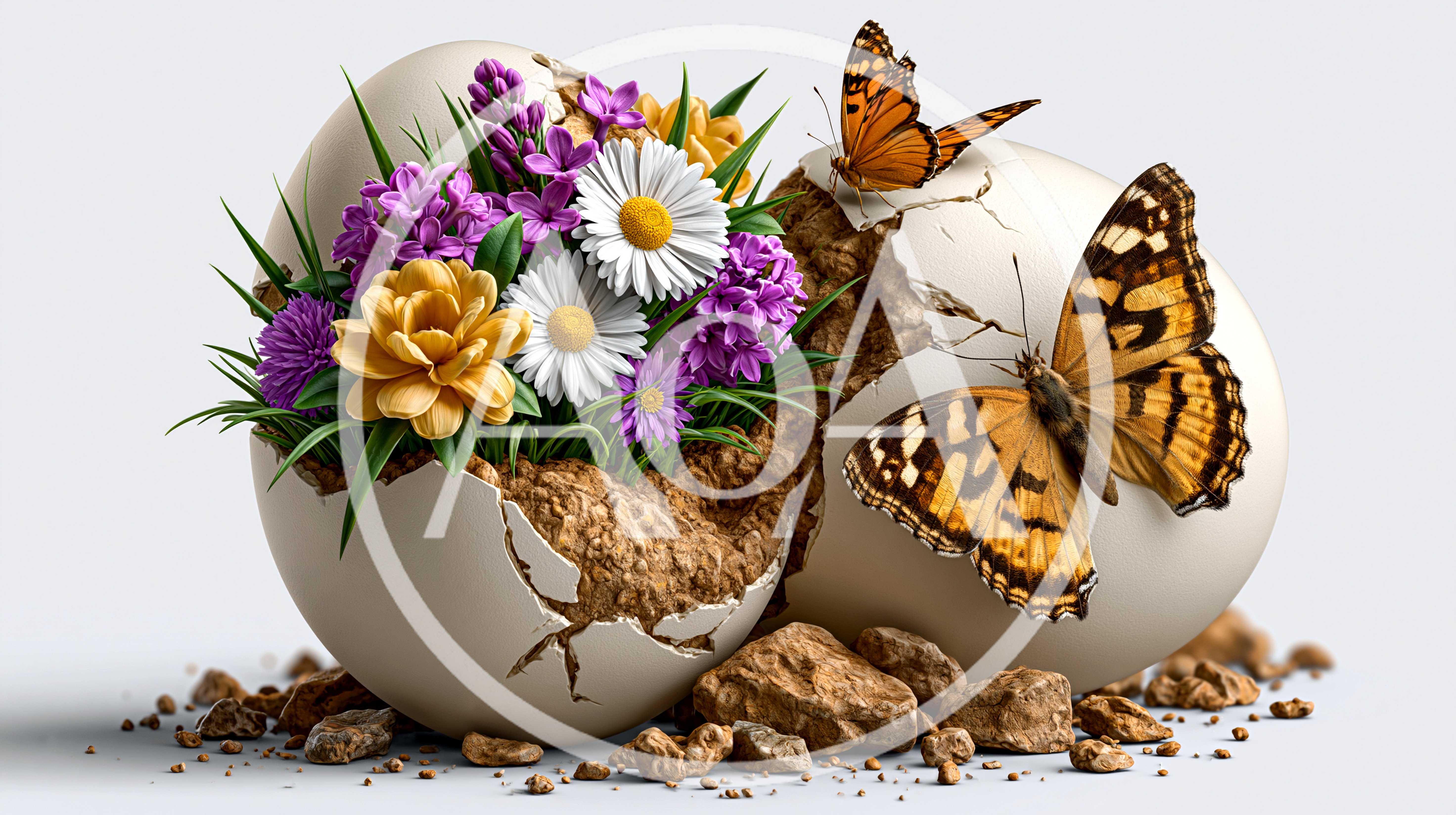 Cracked Eggshell With Spring Flowers And Butterflies