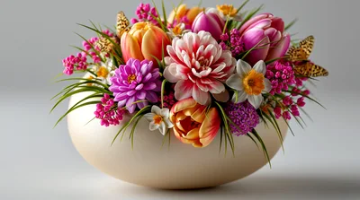 Spring Floral Arrangement In A Ceramic Bowl
