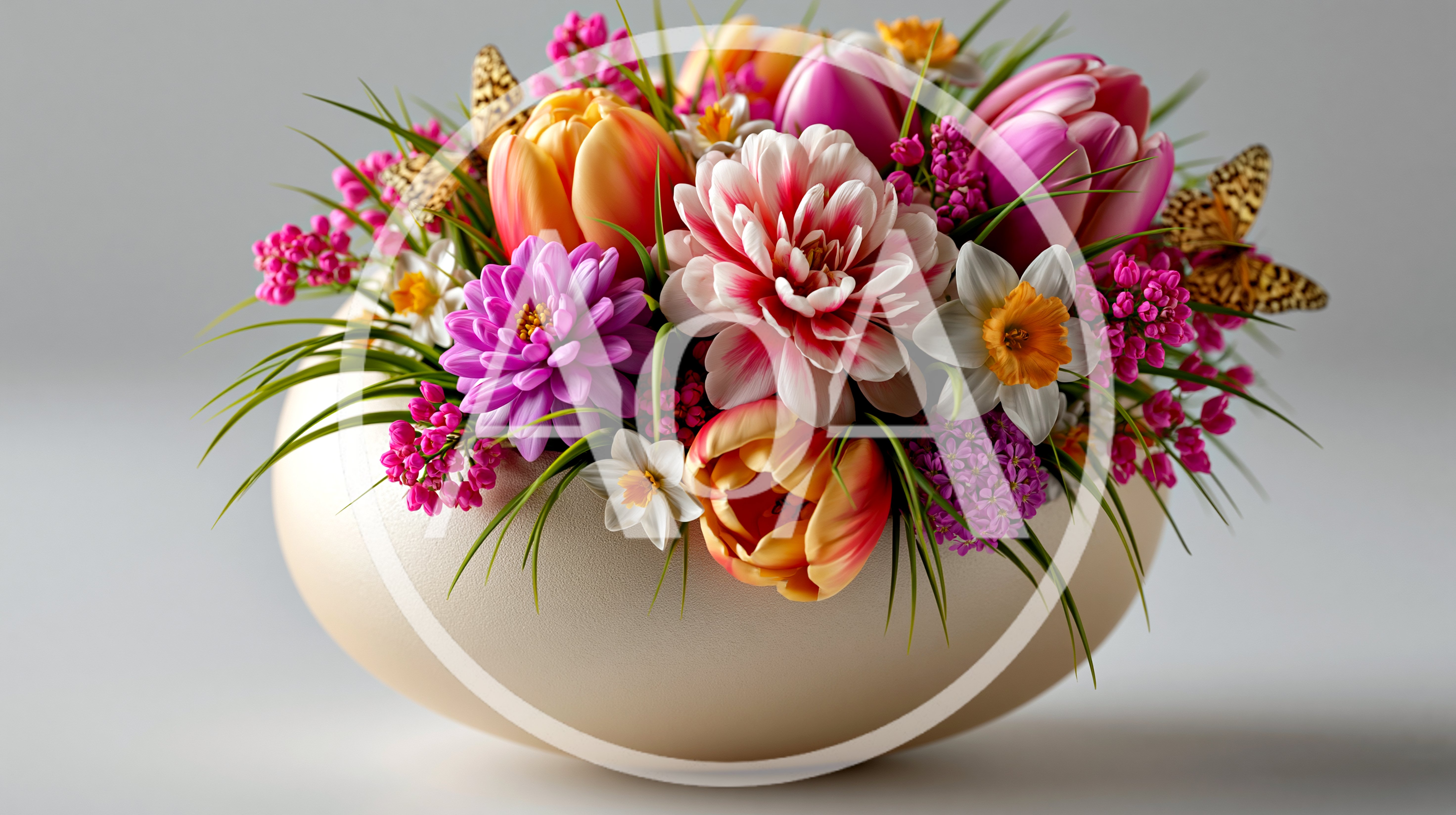 Spring Floral Arrangement In A Ceramic Bowl