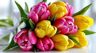 Bouquet Of Vibrant Pink And Yellow Tulips