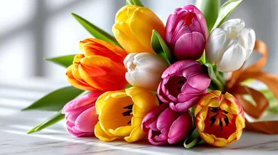 Colorful Tulip Bouquet On A Marble Surface