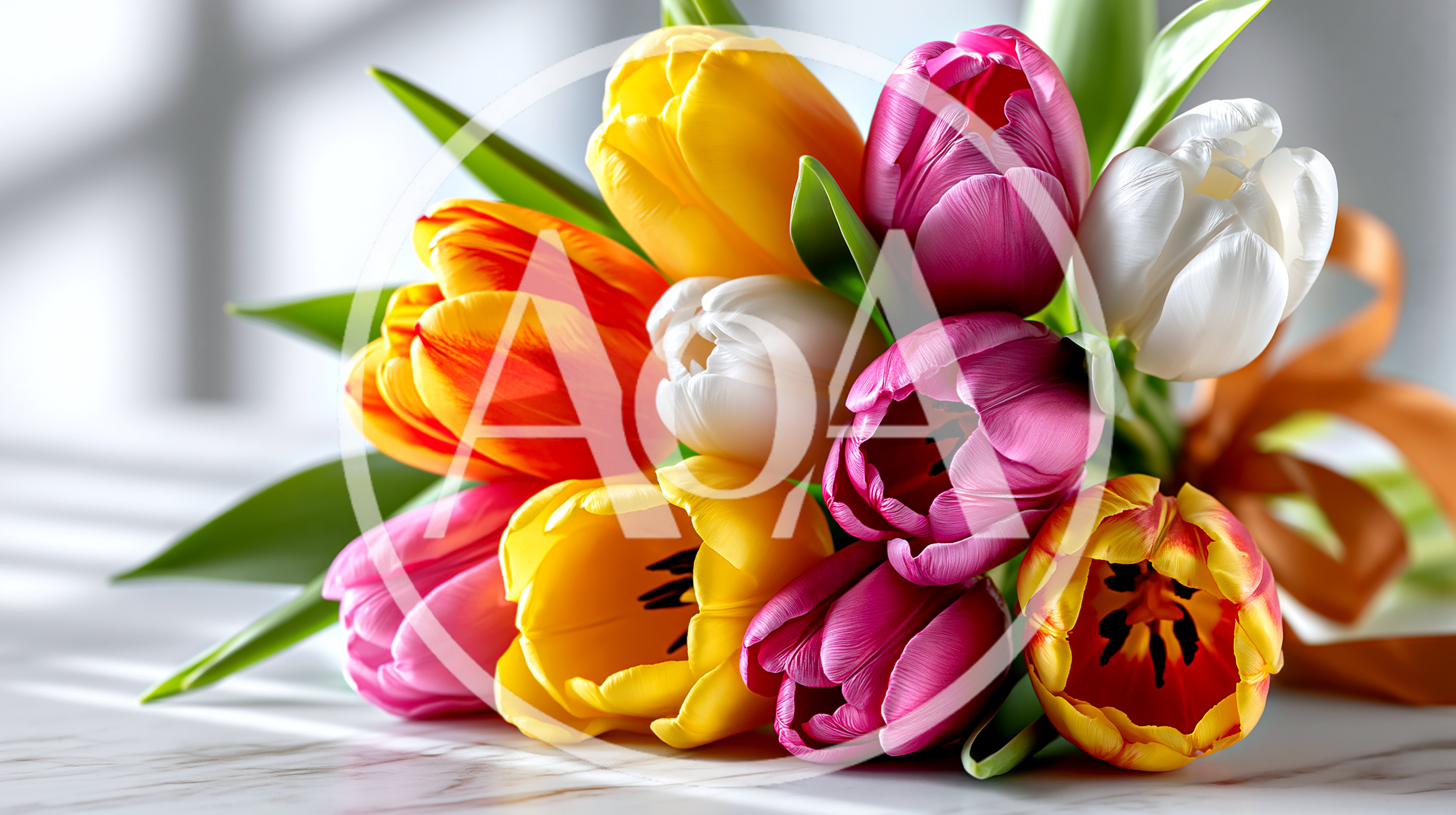 Colorful Tulip Bouquet On A Marble Surface