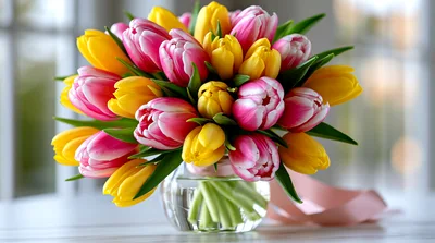 Bouquet Of Fresh Pink And Yellow Tulips In Vase