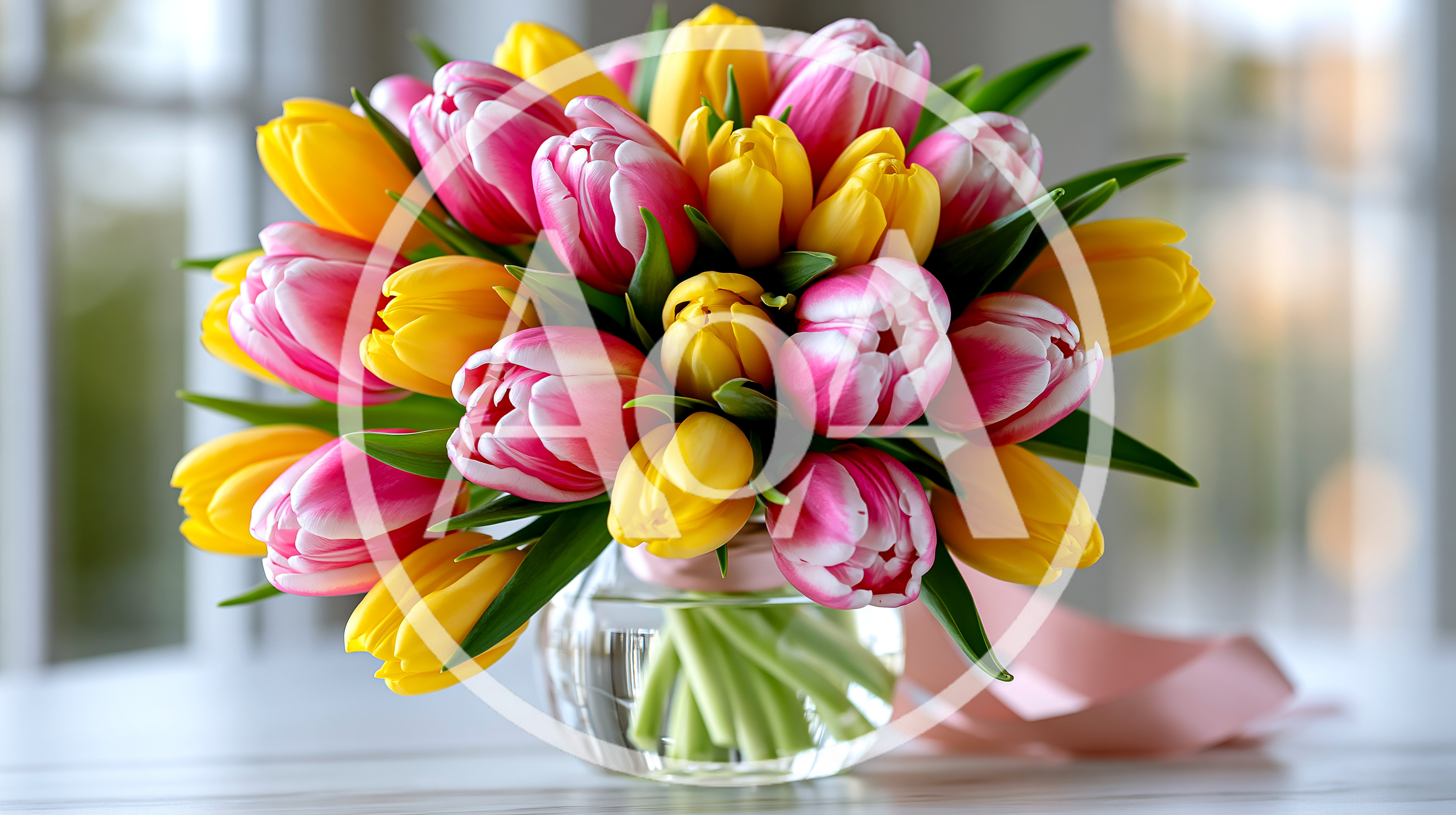 Bouquet Of Fresh Pink And Yellow Tulips In Vase