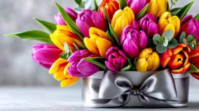 Vibrant Tulip Bouquet In A Decorative Gift Box