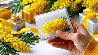 Hand Holding Greeting Card With Mimosa Flowers